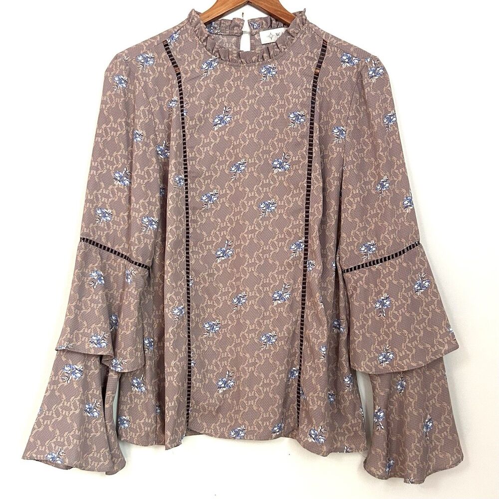 WAYF Mock Neck Bell Sleeve Blouse Floral Lace Print Boho Romantic M